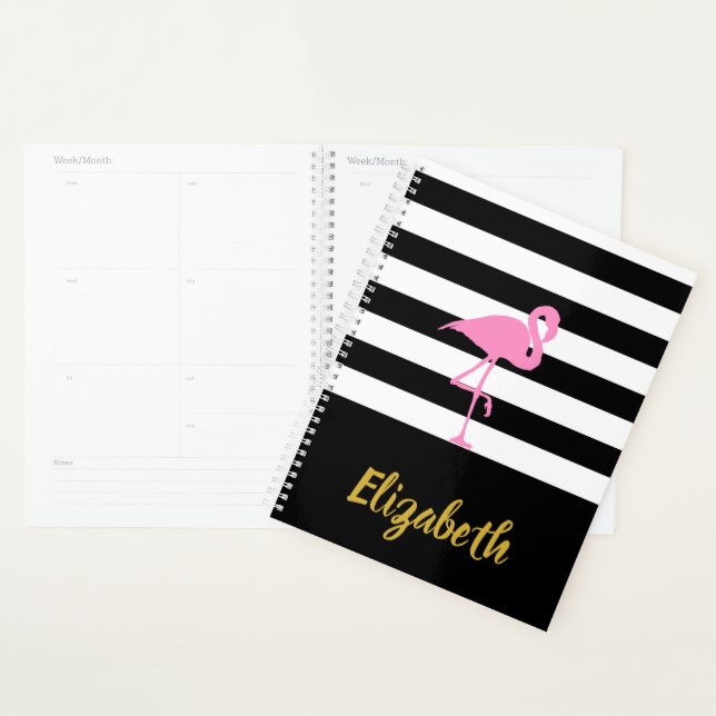 Agenda Flamingo rosa em preto e branco com risca (Exibição)