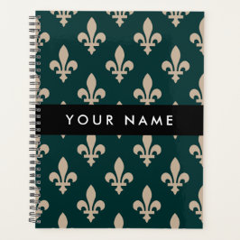 Agenda Fleur de Lis, Beige on Green, Royal, Your Name
