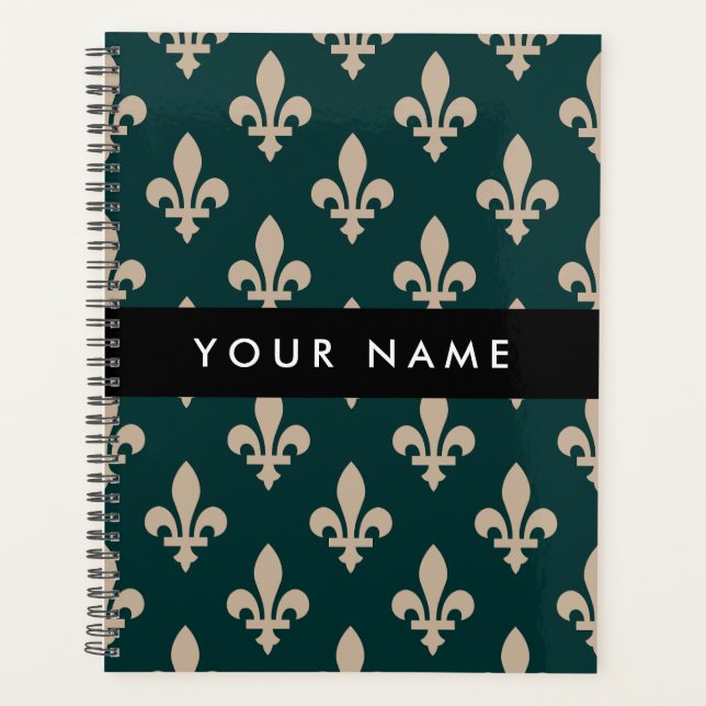 Agenda Fleur de Lis, Beige on Green, Royal, Your Name (Frente)
