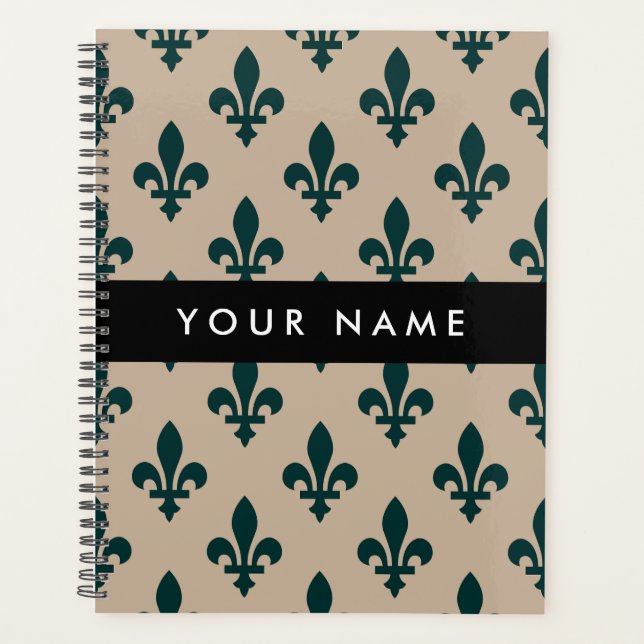 Agenda Fleur de Lis, Green on Beige, Royal, Your Name (Frente)