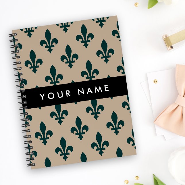 Agenda Fleur de Lis, Verde sobre Bege, Real, Seu Nome (Criador carregado)