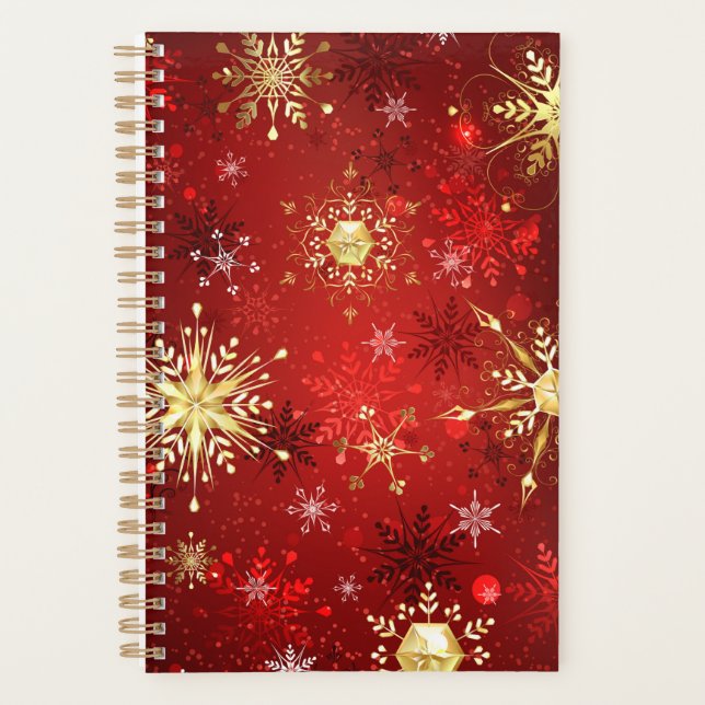 Agenda Flocos de neve do Ouro de Natal em Fundo Vermelho (Frente)
