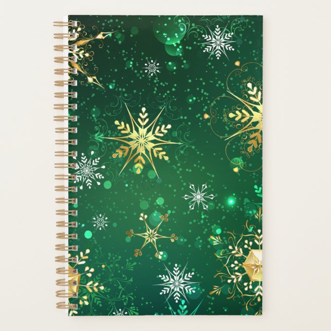 Agenda Flocos de neve do Ouro Xmas em fundo verde (Frente)