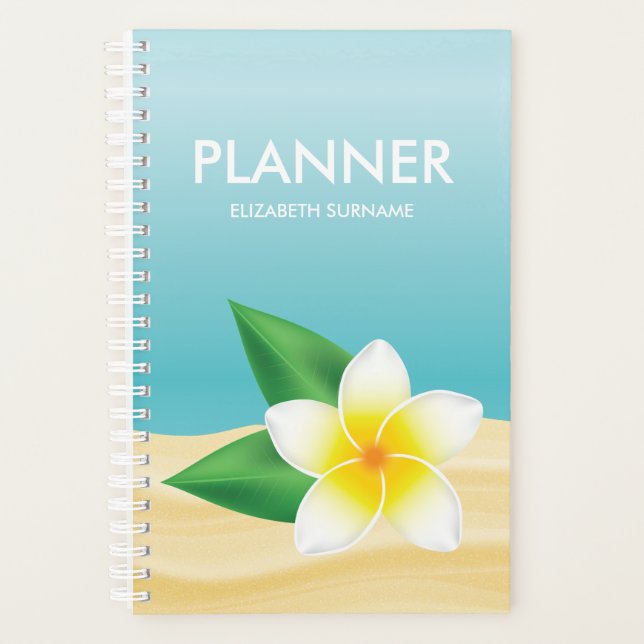 Agenda Flor Branco Frangipani Em Nome Personalizado Azul (Frente)
