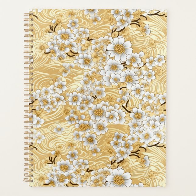 Agenda Flor branco no Dourado Swirls Chiyogami Planner (Frente)