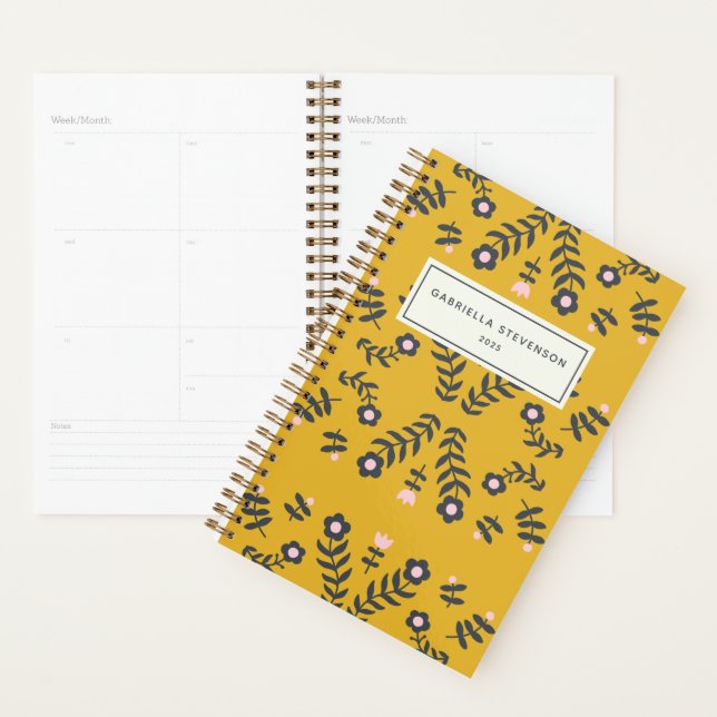 Agenda Flor de Folhas Escandinavas em Amarelo Personaliza (Exibição)