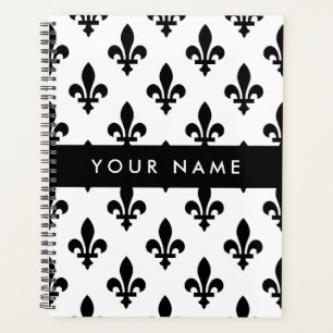 Agenda Flor de Lis, Preto sobre Branco, Preto, Seu Nome