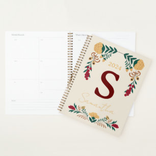 Agenda Flor Dourada Verde Brilhante Decorada Inicial