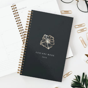 Agenda Flor Hibiscus Dourada Elegante Personalizada
