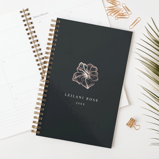 Agenda Flor Hibiscus Dourada Elegante Personalizada (Criador carregado)