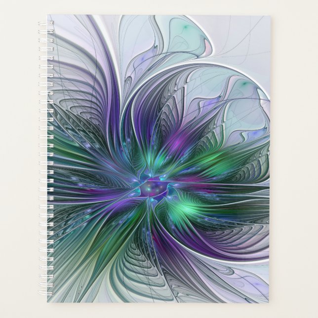 Agenda Flor Moderna Abstrata Fractal Verde Roxo (Frente)