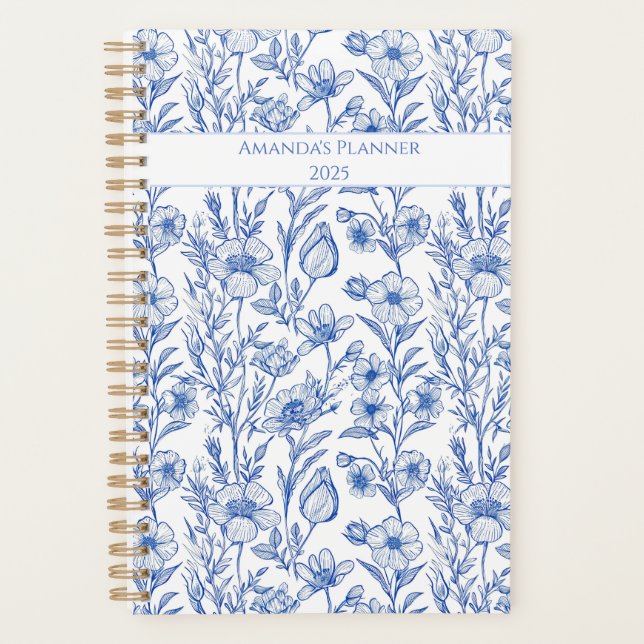 Agenda Flor Selvagem de Chinoiserie Azul e Branco (Frente)