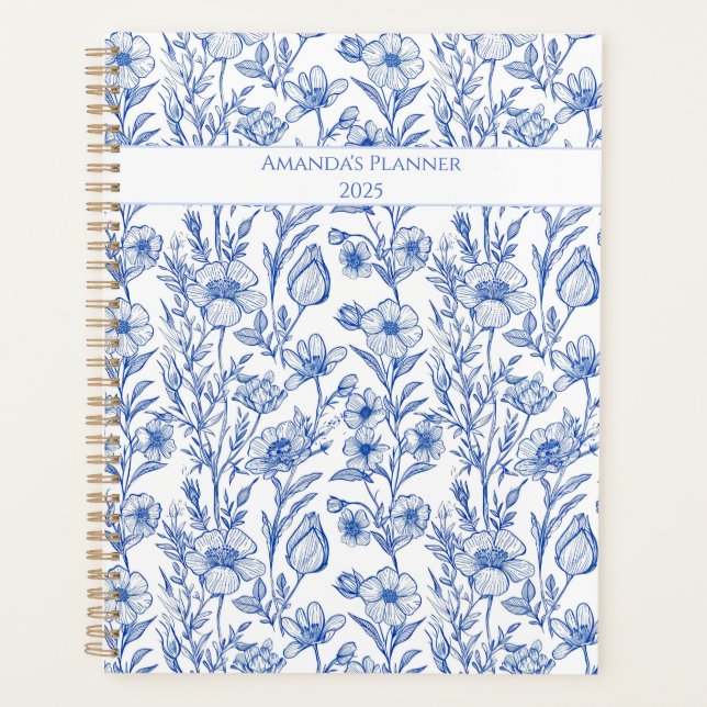 Agenda Flor Selvagem de Chinoiserie Azul e Branco (Frente)
