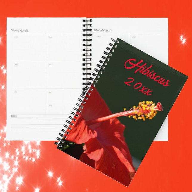 Agenda Flor Tropical Red Hibiscus em Preto Personalizável (Criador carregado)