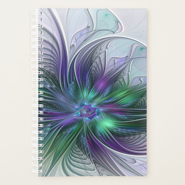 Agenda Flor Verde Roxo Moderna Abstrato de Arte Fractal (Frente)