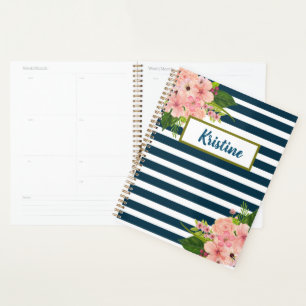 Agenda Florais Clássicos com Stripes Azuis e Brancas Real