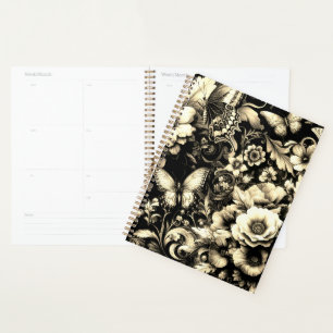 Agenda Floral Antiquado ouro com Borboletas