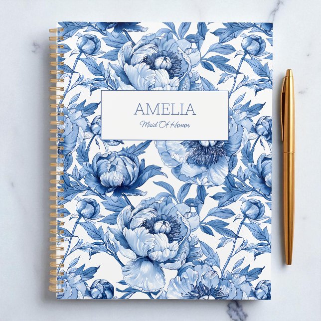 Agenda Floral Azul Chinoiserie Nome da Flor Moderno Sem D (Blue Floral Chinoiserie Flower Name Modern Undated Planner Bridal shower Bridesmaid)