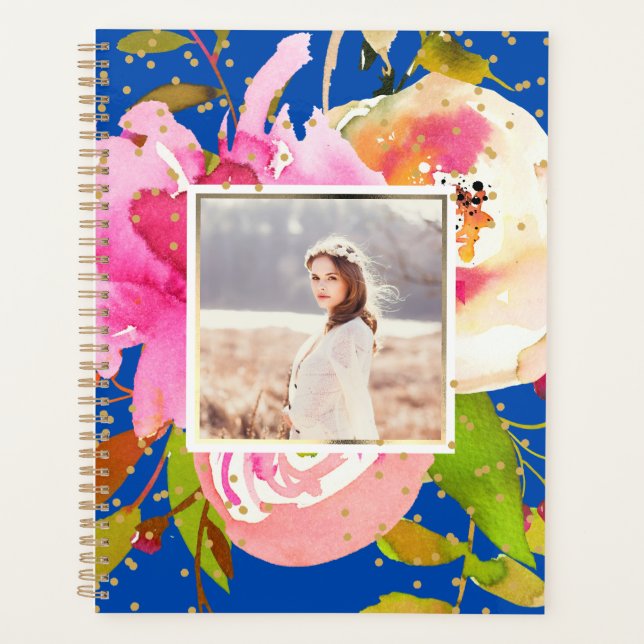 Agenda Floral Azul Vibrante e Foto Confetti (Frente)