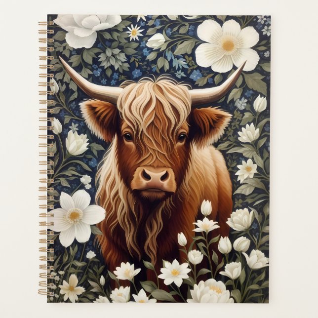 Agenda Floral Branco Elegante de Vaca Highland (Frente)