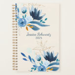 Agenda Floral de Cor Azul Moderna Personalizado<br><div class="desc">Linda e na moda,  pintura de flor de aquarela em azul e ouro,  personalizada com seu nome.</div>