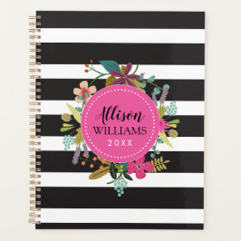 Agenda Floral de faixa branca e preta
