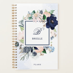 Agenda Floral de marinho e Blush Nome e Monograma