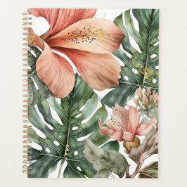 Agenda Floral de selva em aquarela verde pêssego dourado