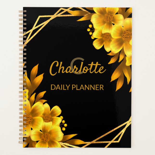 Agenda Floral elegante Autumn preto e amarelo falso (Frente)