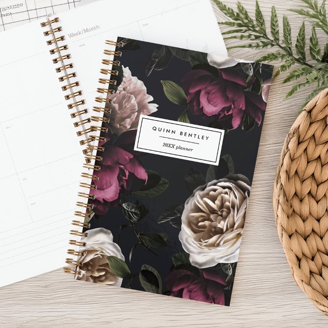 Agenda Floral Escuro Elegante em Preto | Personalizado (Criador carregado)