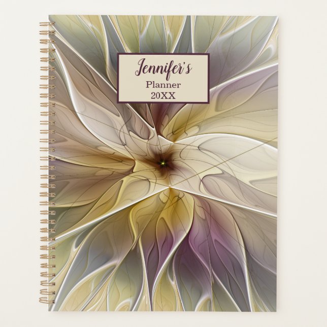 Agenda Floral Fantasy Dourada Eggplant Abstrato (Frente)