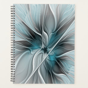 Agenda Floral Fractal Moderno Abstrato Flor Azul Cinza
