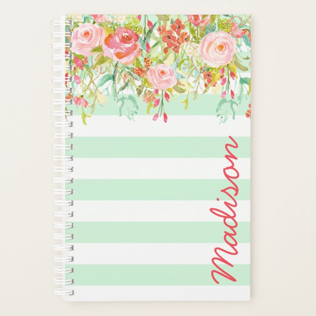 Agenda Floral Listrado Verde Menta Aquarela Personalizado (Frente)