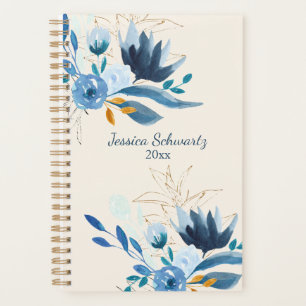 Agenda Floral Personalizado Aquarela Azul Moderna