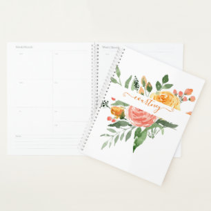 Agenda Floral personalizado com aquarela rosa e laranja