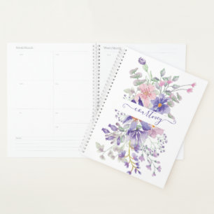 Agenda Floral personalizado com aquarela rosa e roxa