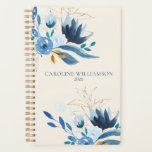 Agenda Floral Personalizado com Cor Azul Moderna 2022<br><div class="desc">Linda e na moda,  pintura de flor de aquarela em azul e ouro,  personalizada com seu nome.</div>