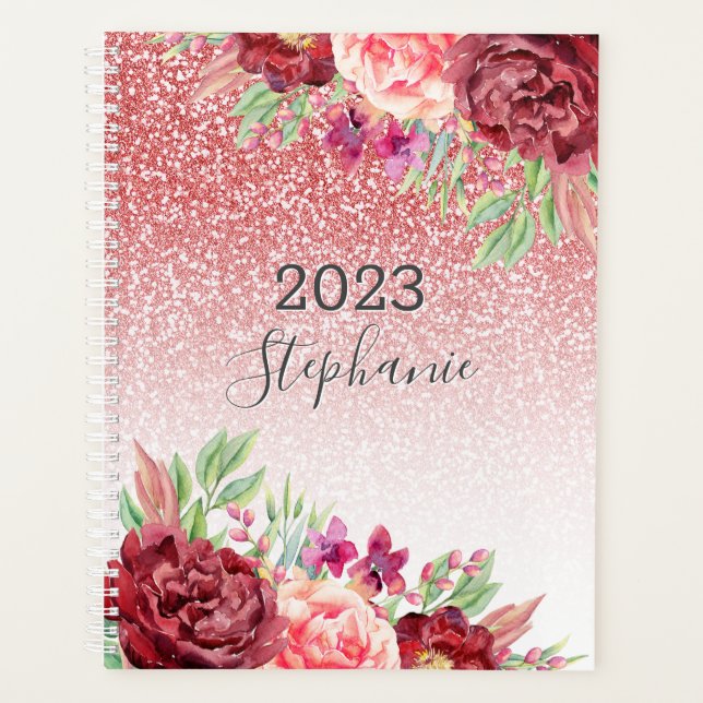 Agenda Floral Personalizado com Cor de Água da Glitter Do (Frente)