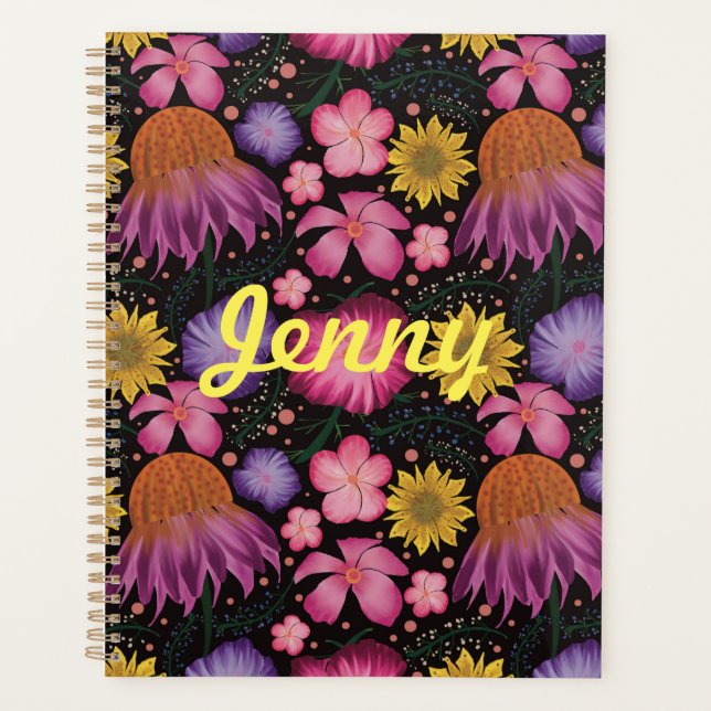 Agenda Floral Preto de Flor Selvagem Personalizado (Frente)