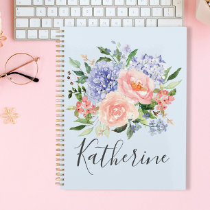 Agenda Floral Primavera Rosa Azul Aquarela Monogramada