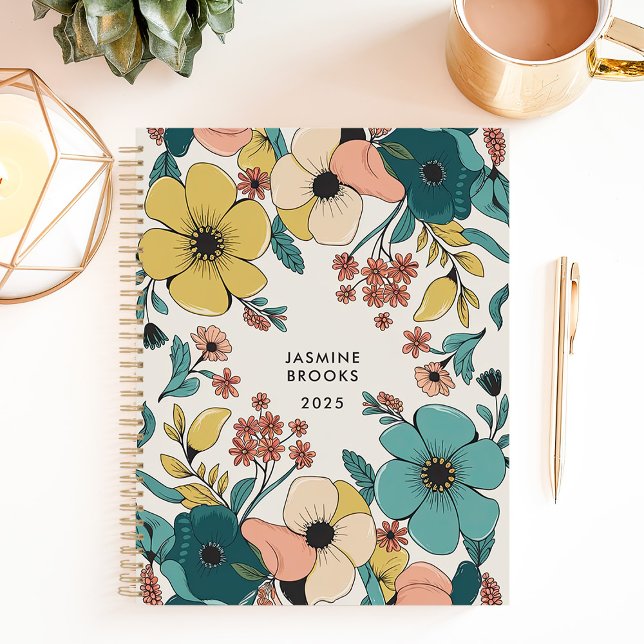 Agenda Floral Retro Colorido com Nome Personalizado (Criador carregado)