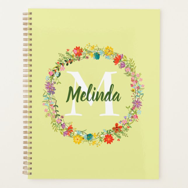 Agenda Floral Wreath Green Stripes Personalizadas Monogra (Frente)