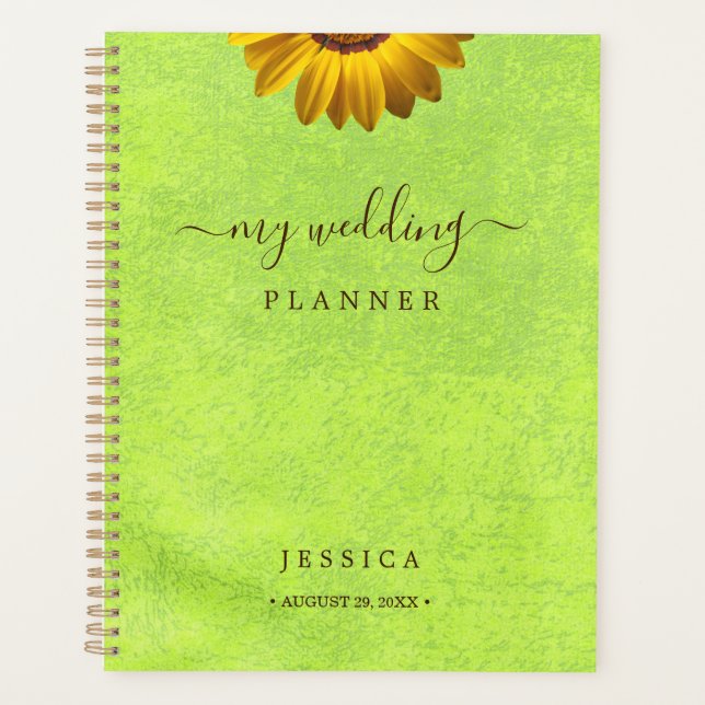Agenda Flores Amarelas no Casamento Verde Abstrato (Frente)
