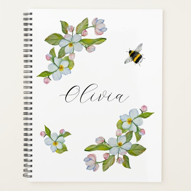 Agenda Flores aquarelas de árvores de jardim e abelhão (Frente)