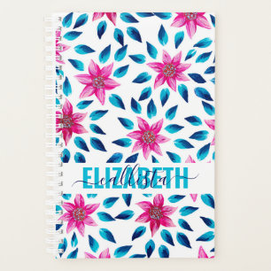 Agenda Flores Azuis Cor-de-Rosa Brilhante Deixam Monogram