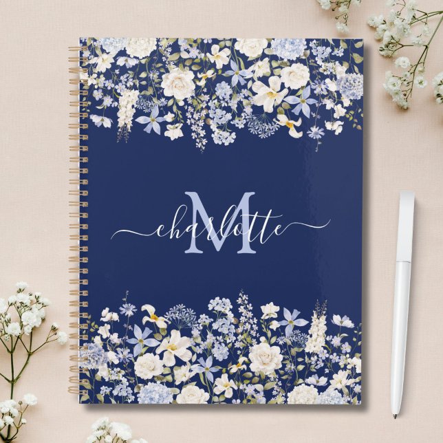 Agenda Flores Azuis de Aquarela Monogramadas com Letra El (Criador carregado)