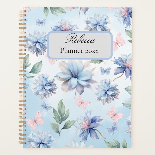 Agenda Flores Azuis e Borboletas Rosa Planner (Frente)