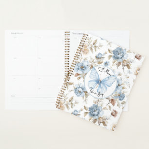 Agenda Flores Azuis Românticas Folhas Marrons Borboleta