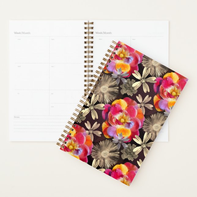 Agenda Flores Boho Padrão Floral em Negrito - Rosa Rosa (Exibição)