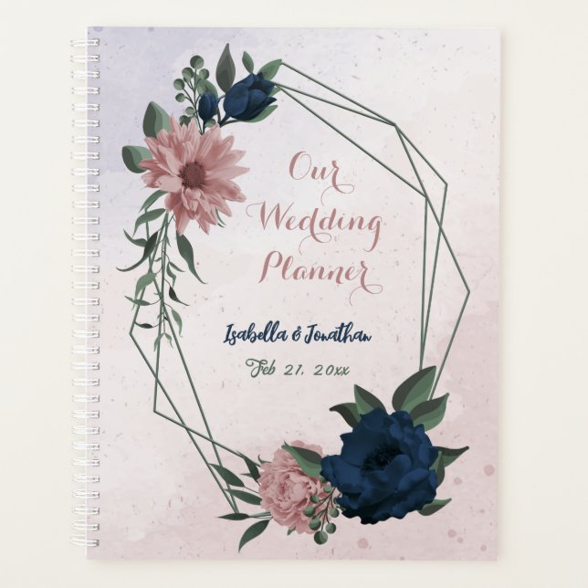 Agenda flores botânicas de casamento rosa e azul marinho (Frente)